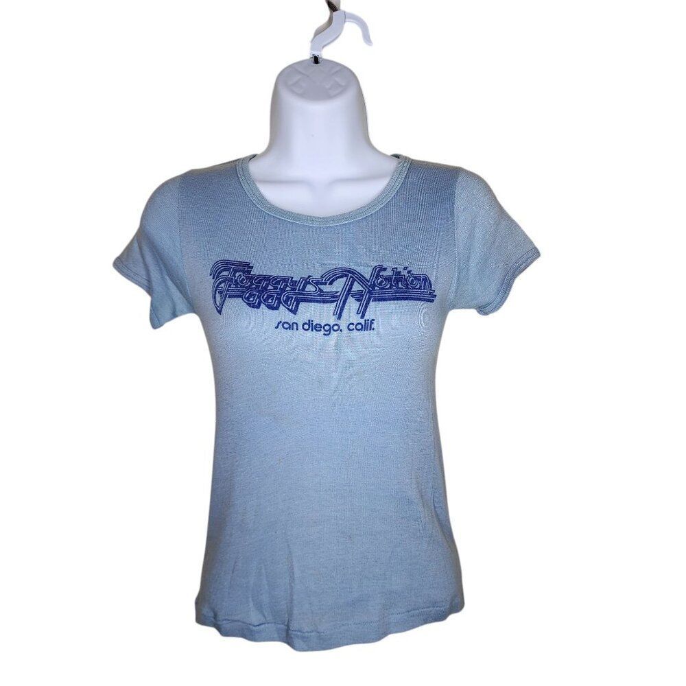 Vintage 70s Foggys Notion San Diego Cap Sleeve Babydoll Tshirt Womens XS Blue